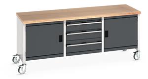 Bott Cubio Mobile Storage Workbench 2000mm wide x 750mm Deep x 840mm high supplied with a Multiplex (layered beech ply) worktop, 3 x drawers (1 x 200mm & 2 x 150mm high) and 2 x 500mm high integral storage cupboards each with an adjustable shelf.... 2000mm Width Mobile Industrial Storage Bench with cupboards & Drawers